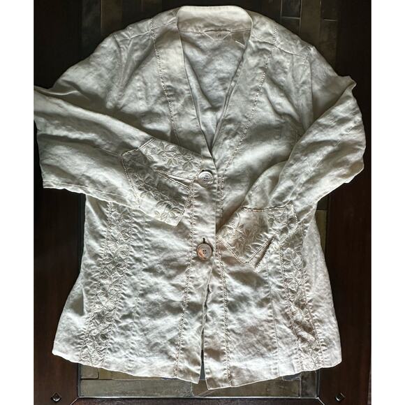 J. Jill 100% Linen Cardigan Womens L Beige Jacket Embroidered Long Sleeve Tunic - Picture 1 of 5